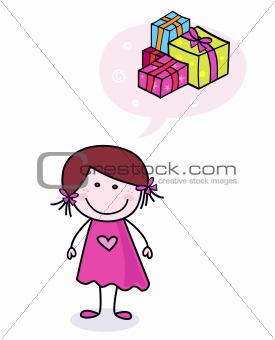 Children dream: Happy doodle girl dreaming about presents