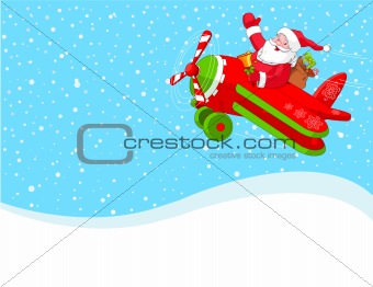 Santa is flying in an airplane background