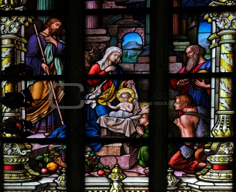 Stained glass window depicting the Nativity of Christ. This window is located in Saint James's Church (Swedish: Sankt Jacobs kyrka) in Stockholm, capital of Sweden. It was fabricated in 1893, as indicated in the corner (not on picture).