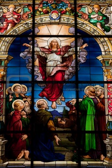 Beautiful stained glass window created by F. Zettler (1878-1911) at the German Church (St. Gertrude's church) in Gamla Stan in Stockholm. Motif deplicting the resurrection of Jesus, celebrated on Easter Sunday.