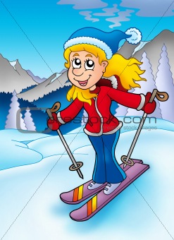 Skiing woman in mountains