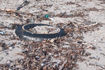 Tire and Other Litter on a Beach