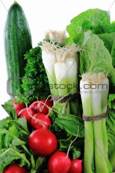 Green vegetables, fresh onion and radishes close up-Abstract. 