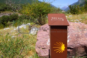 Sain James way sign in track Spain Pyrenees