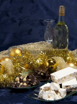 Panettone with wine and Christmas decorations