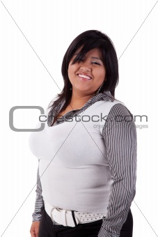 happy large  latin woman, isolated on  white studio shot
