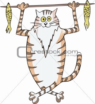 Cat carrying fish on a stick
