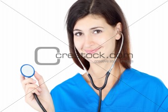 happy cute nurse in blue uniform