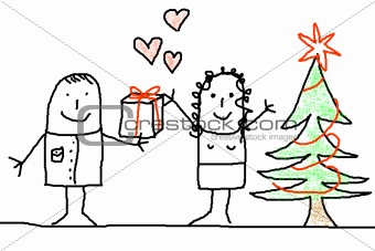 young couple with xmas tree
