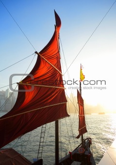 sailboat flag in Hong Kong harbor