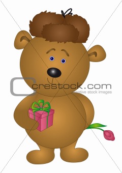 Teddy bear with box and flower