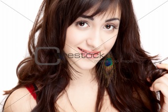 woman with brown hair in red