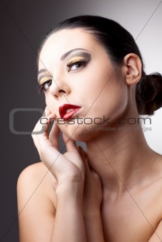 beautiful woman over grey background