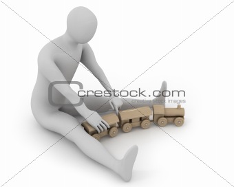 3D white man plays with wooden train