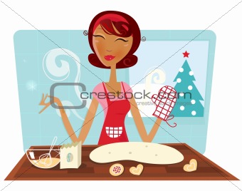 Christmas woman baking cookies in retro kitchen
