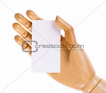 Wooden hand with white card