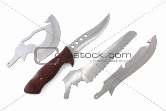 Knife with wood handle and four exchangeable blades isolated on white background