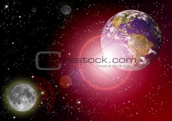 Planet Earth and Moon in the deep space 
