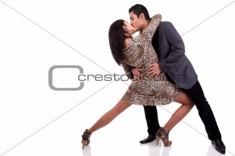 couple in love dancing and kissing, isolated on white, studio shot