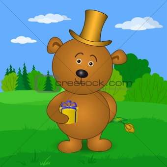 Bear with flower on meadow