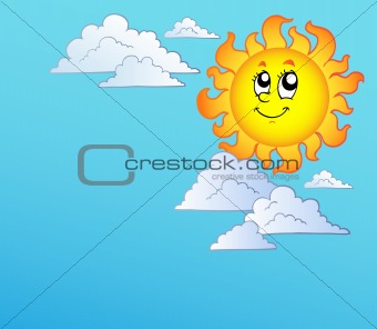 Cartoon Sun with clouds on blue sky