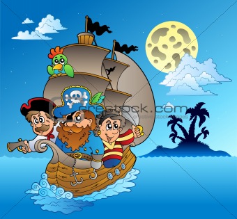 Three pirates and island silhouette