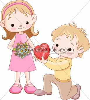 Boy giving hearts and flowers to a girl