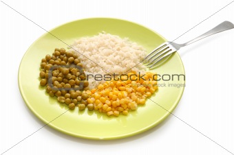 Vegetarian food: rice, green peas and sweet corn