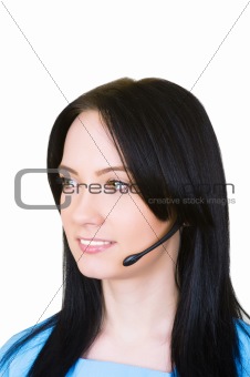 Medical call center concept - girl with headphone isolated on wh