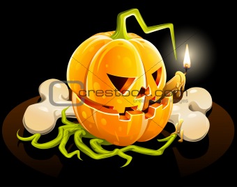 pumpkin with skeleton bone on black background