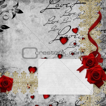 Romantic  vintage background with red roses and hearts (1 of set