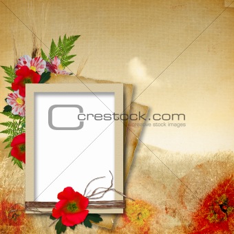 Vintage background in grunge style with poppy flowers and frames
