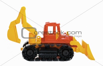 Plastic toy bulldozer isolated on white background