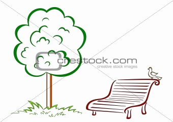 Bird, park bench, green tree