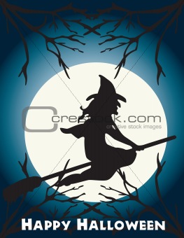 Halloween flying witch on a broom scene