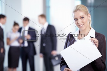 Business woman with a white plate