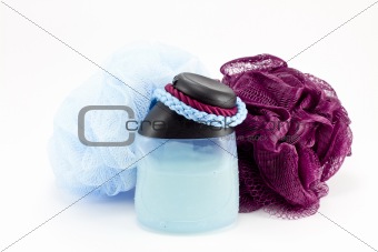 Purple and blue bath sponge and shower gel