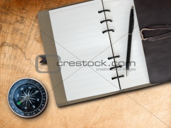 Brown Leather cover note book and Compass