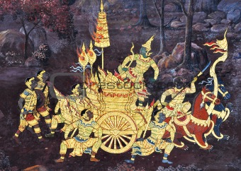 Mural of Ramayana on temple wall Bangkok Thailand