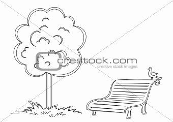 Bird, park bench, tree, contours