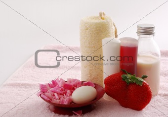 Romantic pink SPA set with huge strawberry