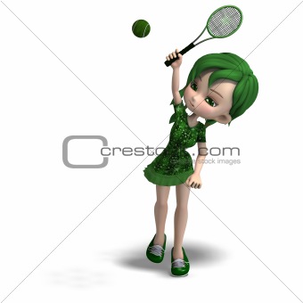 toon girl in green clothes with racket and tennis ball