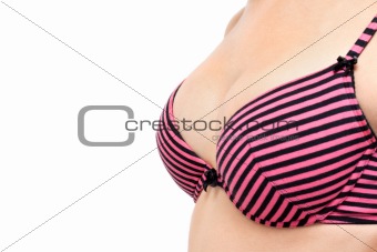 Feminine bust in red striped bra