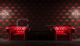 Two red leather armchairs,table  3d render
