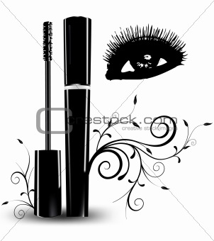 Ink for eyelashes with ornament and eyes. Vector