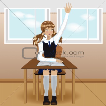 Schoolgirl sitting and raises his hand