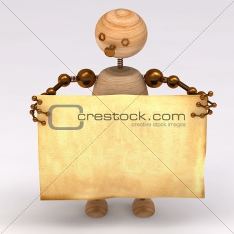 Wood man holding a blank board