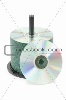Spindle of cd disks isolated on white
