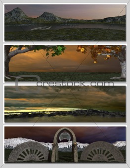 four different fantasy landscapes for banner, background or illustration