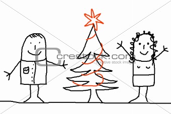 young couple with xmas tree